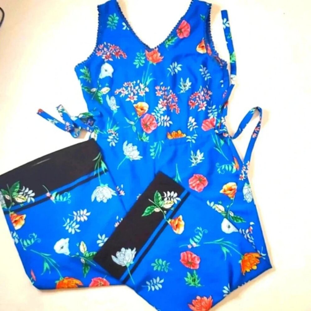 CAROLINA BELLE Jumpsuit Romper floral Beachy Sleeveless Zip wide  leg sz